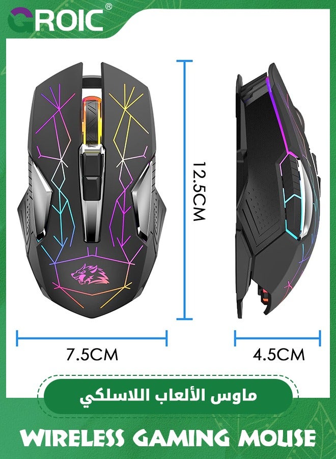 Black Wireless Gaming Mouse Rechargeable with Silent Rainbow RGB Backlit ,2.4G USB Nano Receiver Optical Sensor 3 level DPI,Ergonomic Gamer Laptop High Performance PC Mice for Windows/Mac/Vista