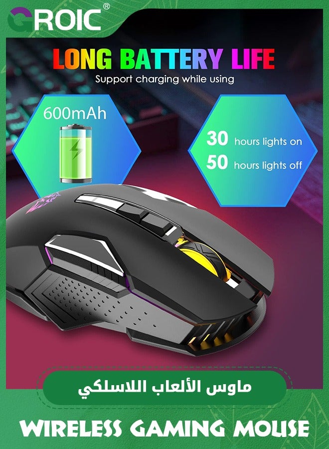 Black Wireless Gaming Mouse Rechargeable with Silent Rainbow RGB Backlit ,2.4G USB Nano Receiver Optical Sensor 3 level DPI,Ergonomic Gamer Laptop High Performance PC Mice for Windows/Mac/Vista