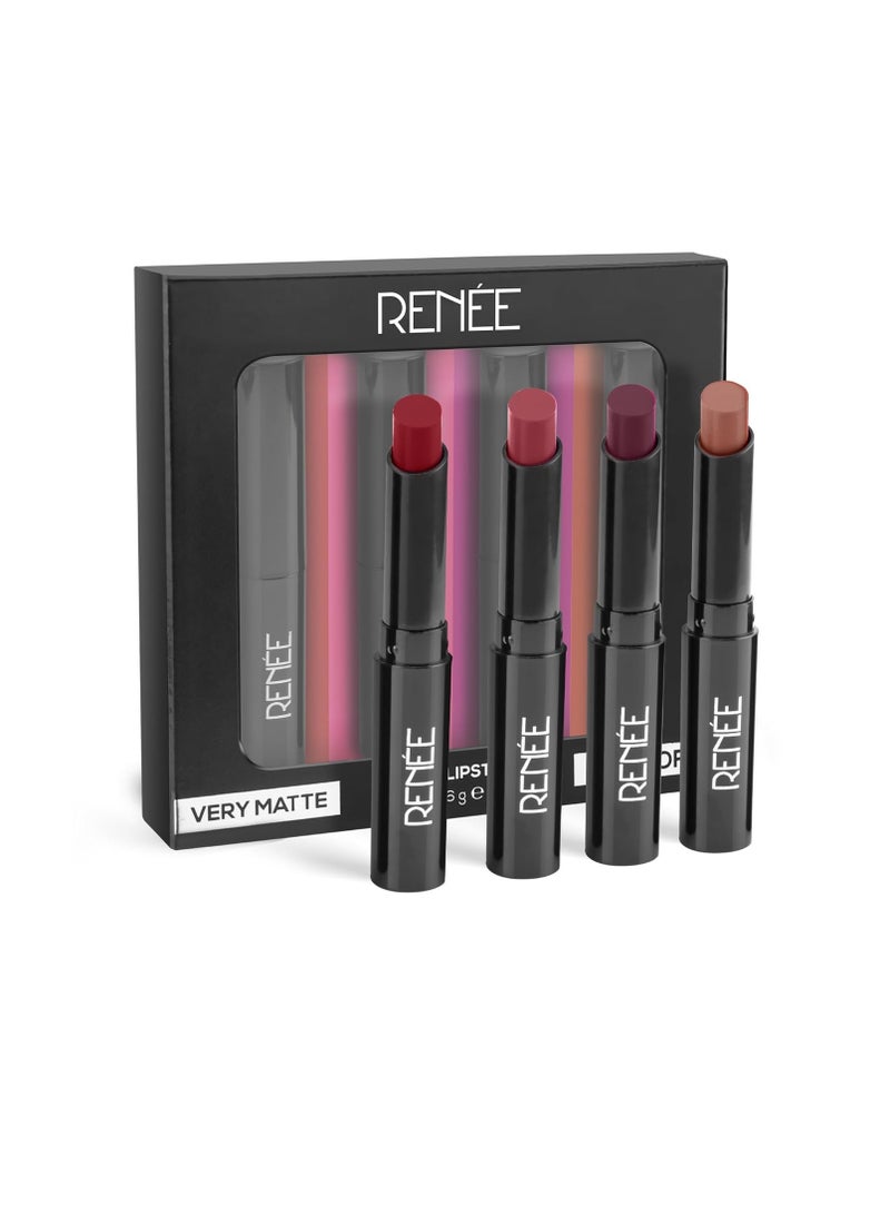 RENNE Very Matte   Pack of 4 Matte Lipsticks   Intense Color Pay Off Full Coverage Long Lasting Weightless Velvety Formula