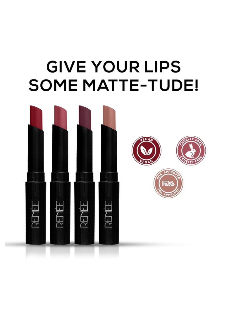 RENNE Very Matte   Pack of 4 Matte Lipsticks   Intense Color Pay Off Full Coverage Long Lasting Weightless Velvety Formula