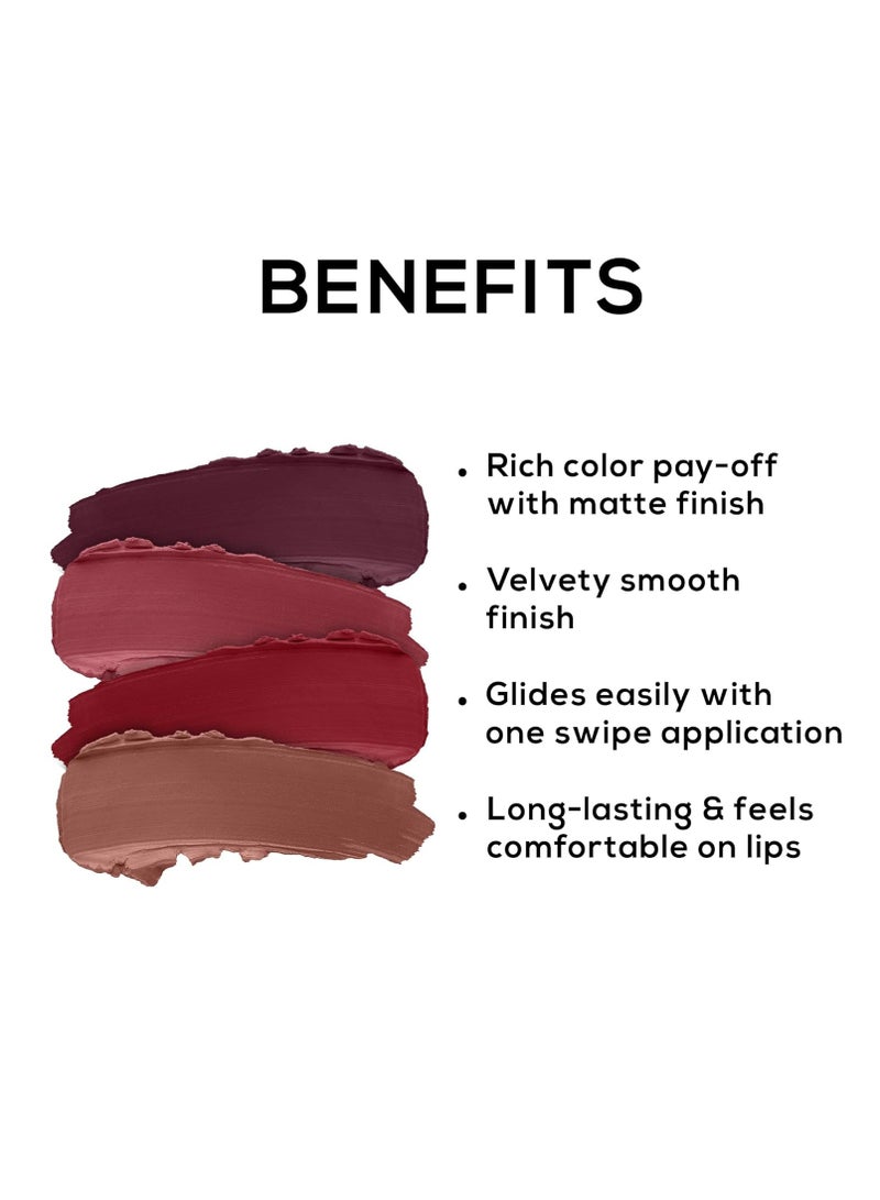 RENNE Very Matte   Pack of 4 Matte Lipsticks   Intense Color Pay Off Full Coverage Long Lasting Weightless Velvety Formula