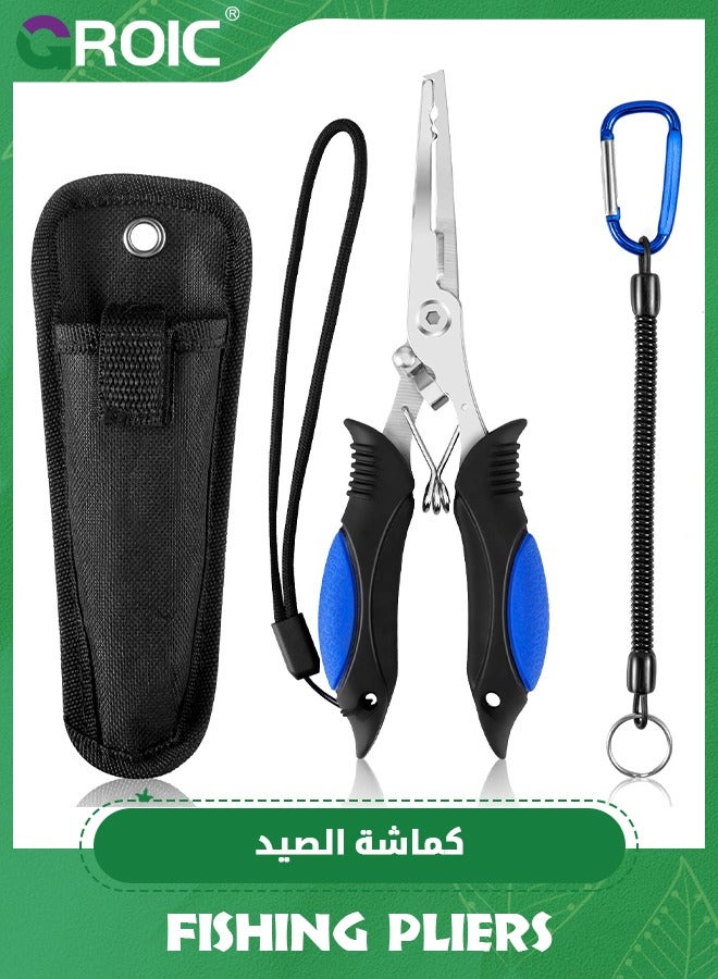 Fishing Pliers, Stainless Steel Fishing Tools, 6.69 inch Fishing Split Ring Pliers, Saltwater Resistant Fishing Gear, Carbide Cutters, Split Ring Pliers, Hook Remover with Coiled Lanyard and Sheath