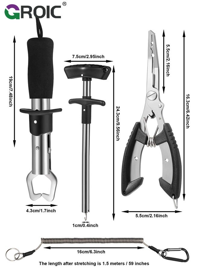 5 Pcs Fishing Tool Kit, Fishing Pliers, Fish Lip Gripper or Fish Scale Combo Saltwater Resistant Fishing Tools, Fishing Gear with Rubber Handle, Lanyard Fish Hook Separator for Saltwater Freshwater