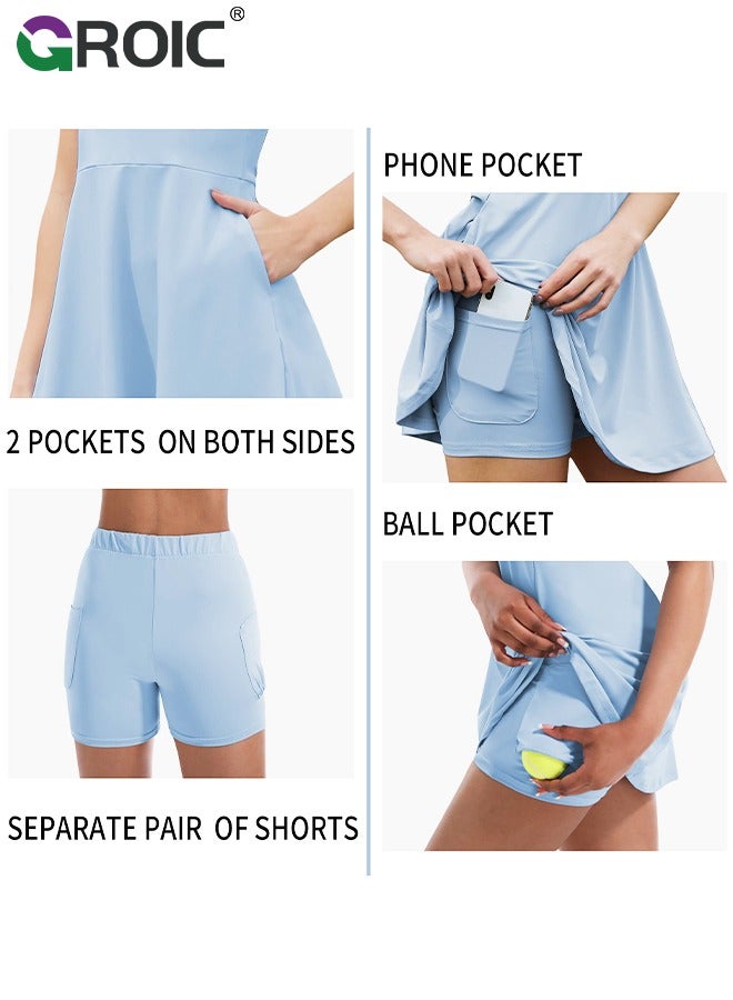 Golf Dresses for Women with Pockets Tennis Dress with Built in Shorts Athletic Dress Workout Dress, Women's Tennis Athletic Dress Golf Dresses Shorts Sleeveless 4 Pockets for Active Workout