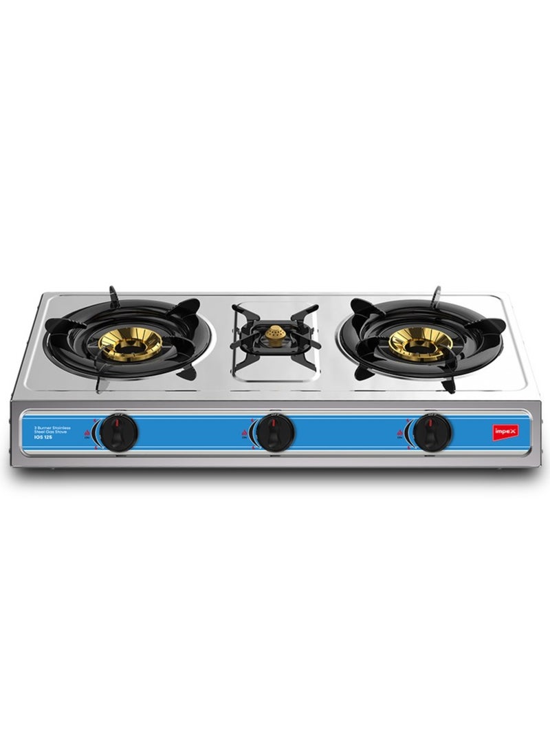 3 Burner Stainless Steel Gas Stove with High Durable Burners, Blue Flame With High Efficiency, L-Shaped Gas Inlet Pipe, Auto Ignition Knobs For Easy Operation and High Impact Stainless Steel Body IGS 125 Silver