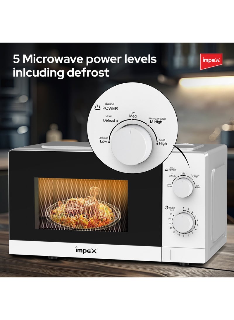 Microwave Oven - 20L Capacity With 5 Microwave Power Levels, 1100W Power Consumption With 700W Rated Microwave Power Output, Cooking End Signal,  Convenient Pull Hand Door, 50Hz Frequency 20 L 700 W Impex 20 Ltr Microwave Oven (MO 8101A) White