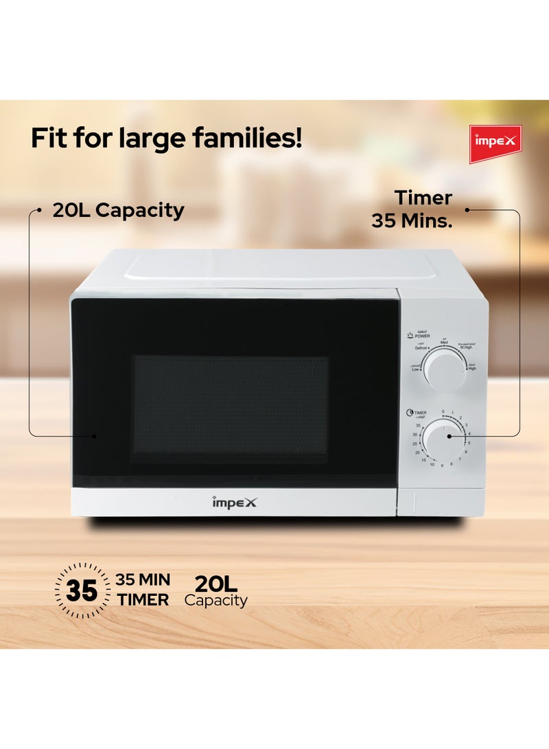 Microwave Oven - 20L Capacity With 5 Microwave Power Levels, 1100W Power Consumption With 700W Rated Microwave Power Output, Cooking End Signal,  Convenient Pull Hand Door, 50Hz Frequency 20 L 700 W Impex 20 Ltr Microwave Oven (MO 8101A) White