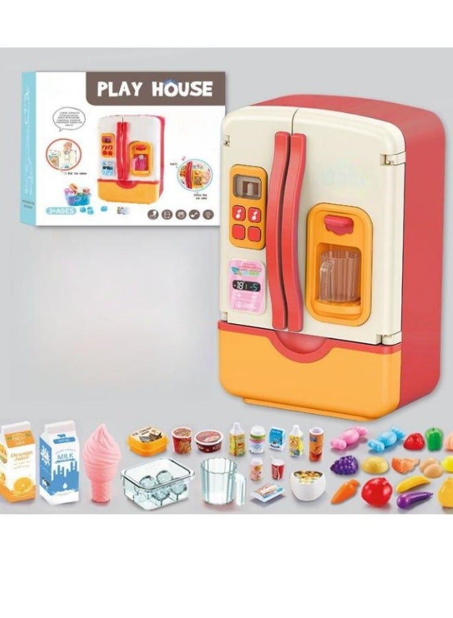 Kitchen Toys Fridge Refrigerator with Ice Dispenser Pretend Play Appliance for Kids, Play Kitchen Set with Music and Light