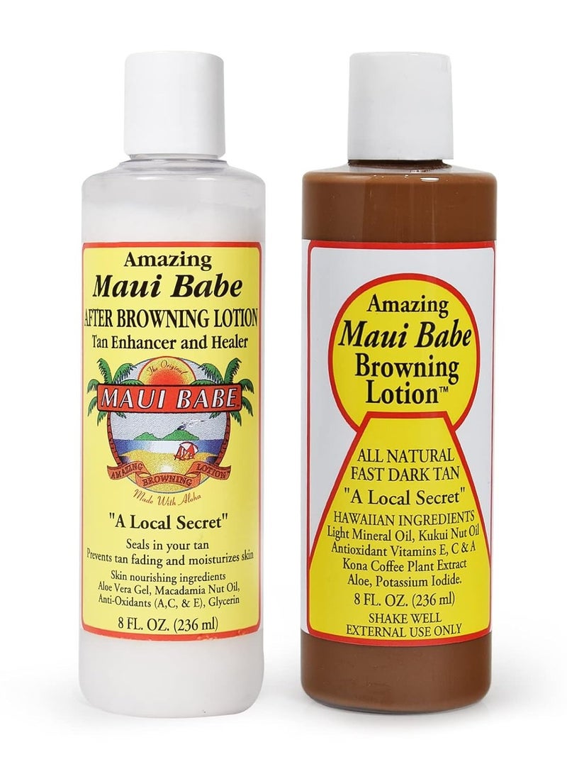 Maui Babe Before And After Browning Lotion, [2-Pack]- Before And After Sun Tan, Made In USA, 8 Ounces