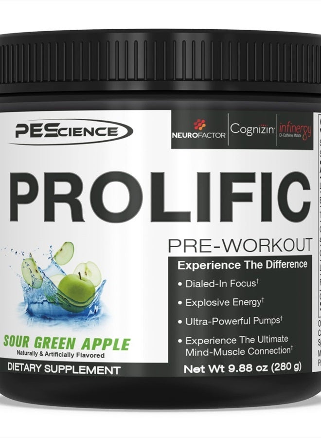 Prolific Pre Workout Powder, Sour Green Apple, 40 Scoop, Energy Supplement with Nitric Oxide