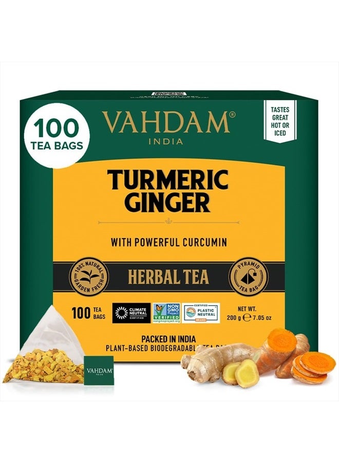 , Turmeric Ginger Herbal Tea Bags (100 Pyramid Tea Bags) Caffeine Free, Non GMO, Gluten Free | 100% Pure Herbal Blend - Savory & Spicy | Whole Loose Leaf Tea Bags