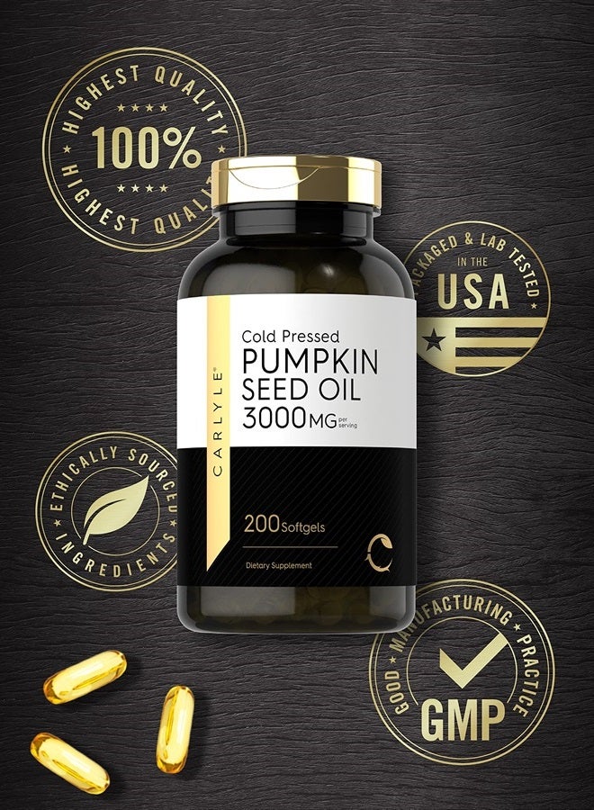 Pumpkin Seed Oil | 3000mg | 200 Softgel Capsules | Non-GMO and Gluten Free Formula | Cold Pressed Dietary Supplement