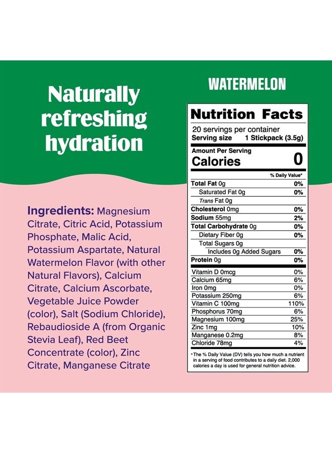 Daily Electrolyte Drink Mix – Watermelon, 20 Stickpacks – Hydration Packets with 6 Electrolytes & Trace Minerals – Keto Friendly, Vegan, Non-GMO & Sugar-Free Electrolyte Powder