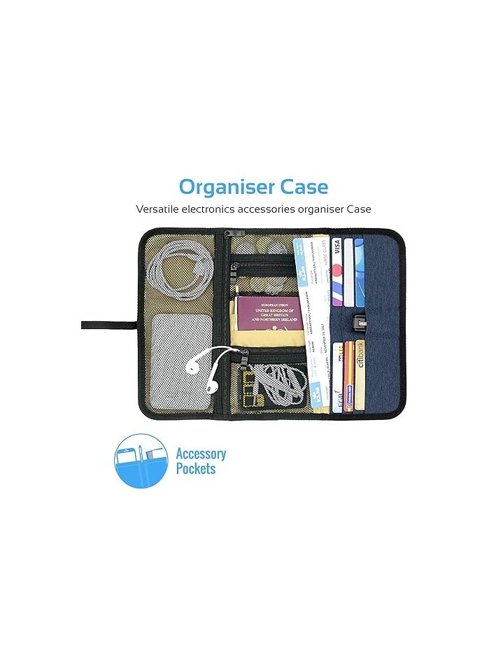 Accessories Organiser, Multi-Purpose Electronic Accessories Pouch with Water-Resistance and 14 Storage Pocket for Cable, Card, Hard Drive, Pen, Adapter, Travelpack-L Blue