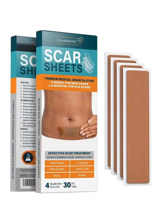 Silicone Scar Sheets - Extra Long Scar Sheets for C-Section, Tummy Tuck, Keloid, and Surgical Scars - Reusable Medical Grade Silicone Scar Sheets - Pack of 4 - Medium Tone