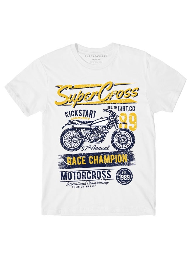 THREADCURRY Super Cross Biker Fun Comic Cotton Graphic Printed Tshirt for Boys