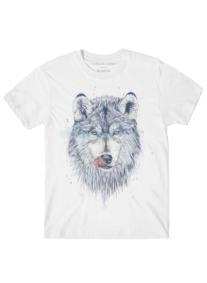 THREADCURRY Hungry Wolf Blue Fun Comic Cotton Graphic Printed Tshirt for Boys