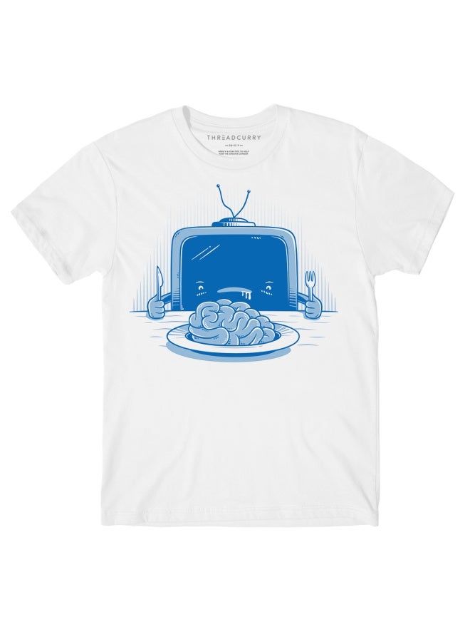 THREADCURRY TV Eats Brains Fun Comic & Creative Funny Cotton Graphic Printed Tshirt for Boys