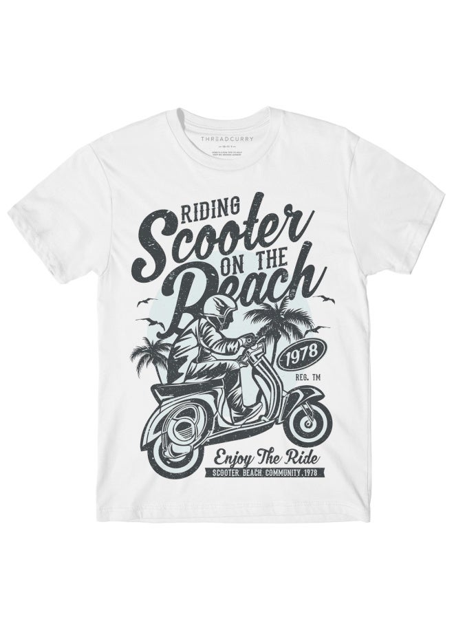 THREADCURRY Scooter on Beach Fun Comic Cotton Graphic Printed Tshirt for Boys