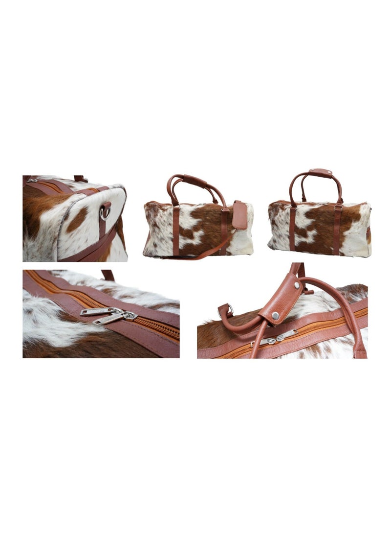 Cowhide Extra Large Duffel Bag-Travel Weekender -Heavy Duty Leather Luggage-Leather Travel-Cinnamon Cowhide Leather-Luggage & Western Travel for Gym-Unique Pattern-fur bag.