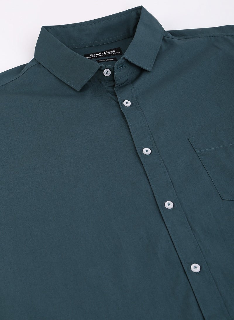 Men's Slim Fit Peacock Blue Casual Cotton Spread Shirt