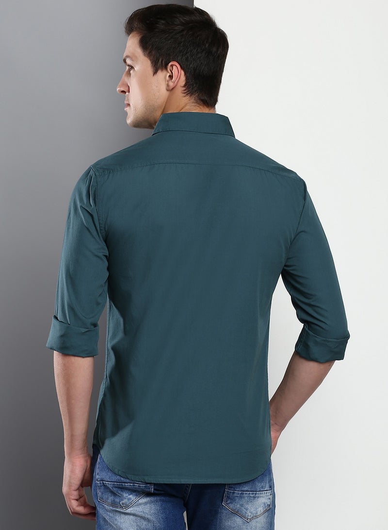 Men's Slim Fit Peacock Blue Casual Cotton Spread Shirt