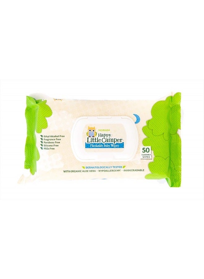 Natural Flushable Baby Wipes with Aloe Vera and Chamomile Extract, Chlorine-Free, Unscented Wet Wipes, Hypoallergenic, Gentle on Sensitive Skin, Septic Safe, 50 Count