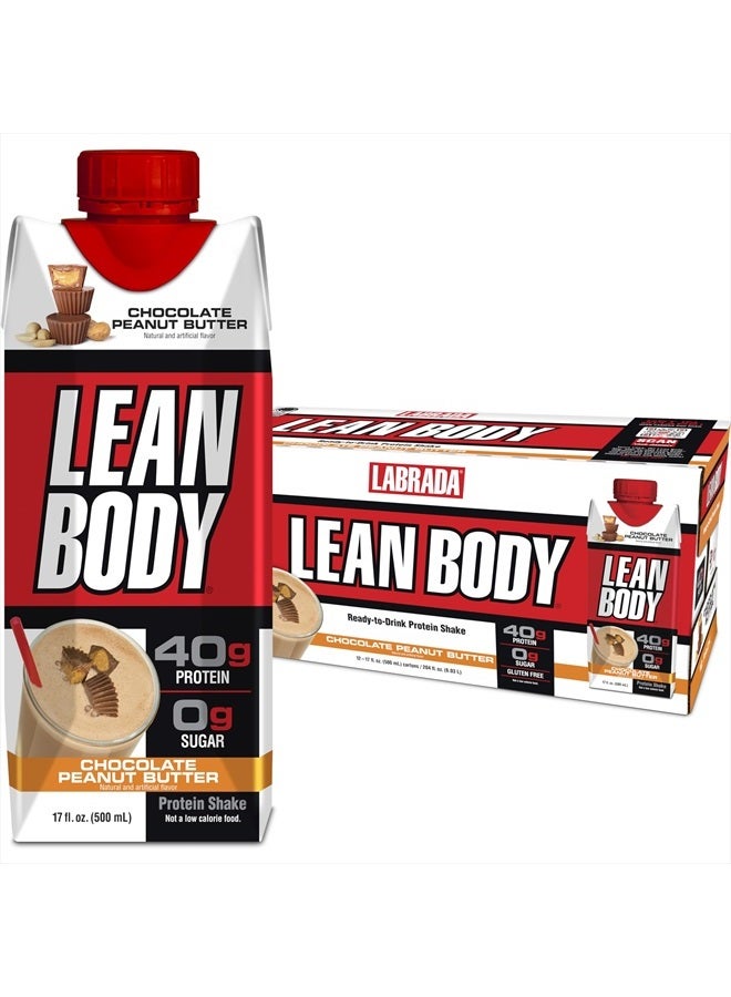 Lean Body Ready-to-Drink Protein Shake, 40g Protein, Whey Blend, 0 Sugar, Gluten Free, 22 Vitamins & Minerals, (Recyclable Carton & Lid - Pack of 12) LABRADA (Chocolate Peanut Butter)