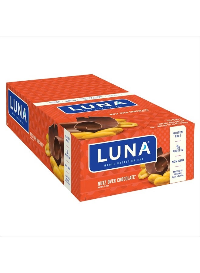 LUNA Bar - Nutz Over Chocolate Flavor - Gluten-Free - Non-GMO - 7-9g Protein - Made with Organic Oats - Low Glycemic - Whole Nutrition Snack Bars - 1.69 oz. (15 Count)