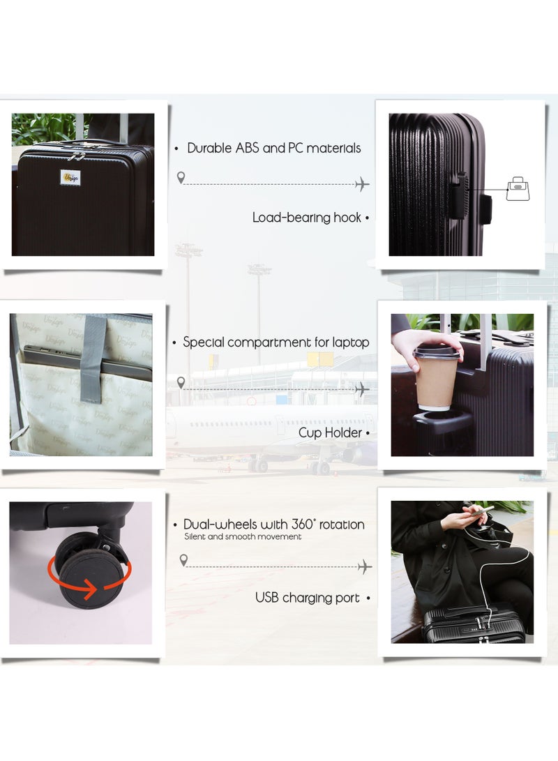 Biggdesign Moods Up Carry On Luggage with Spinner Wheels, Cup Holder, USB Port and TSA Lock System 20-Inch Black