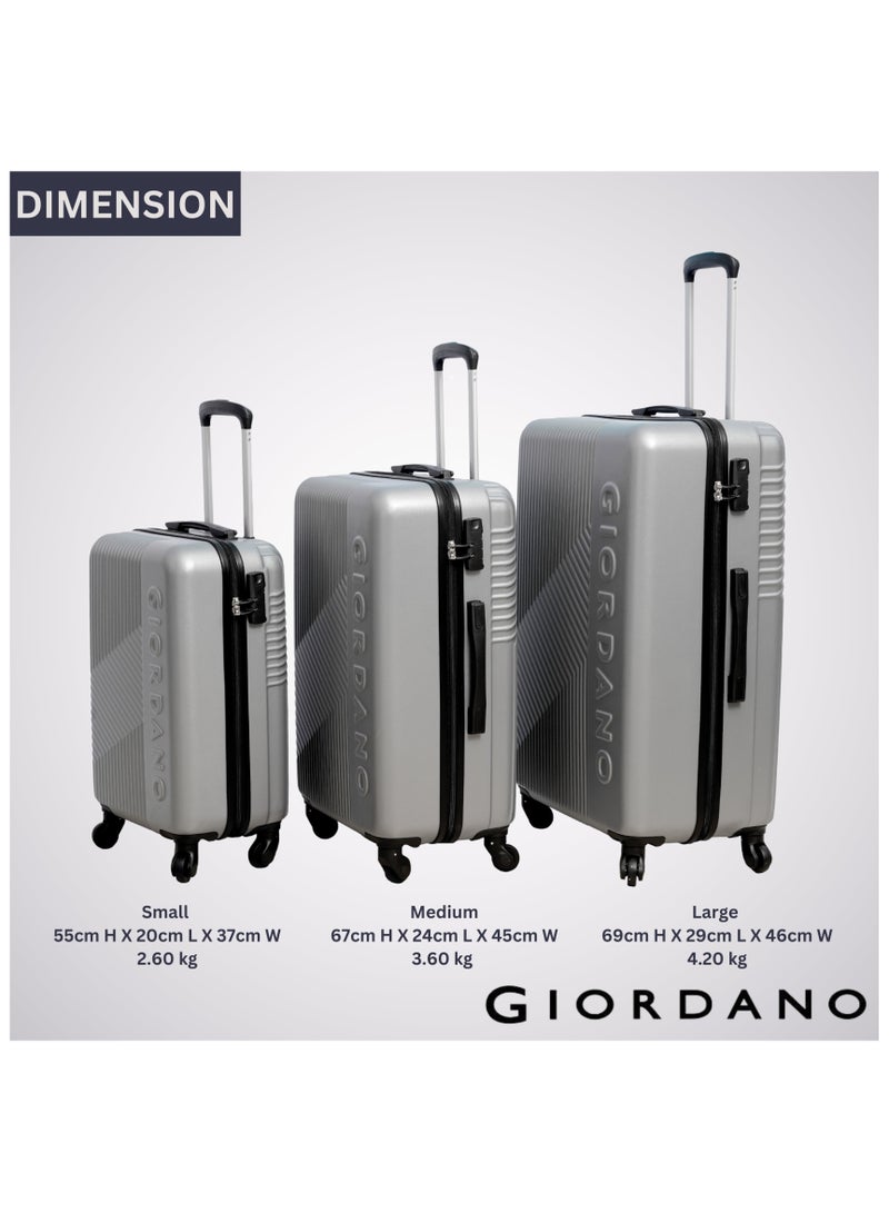 GIORDANO Logo Series Check-In Medium Suitcase Silver, ABS Hard Shell Lightweight Durable 4 Wheels Luggage Trolley Bag 24