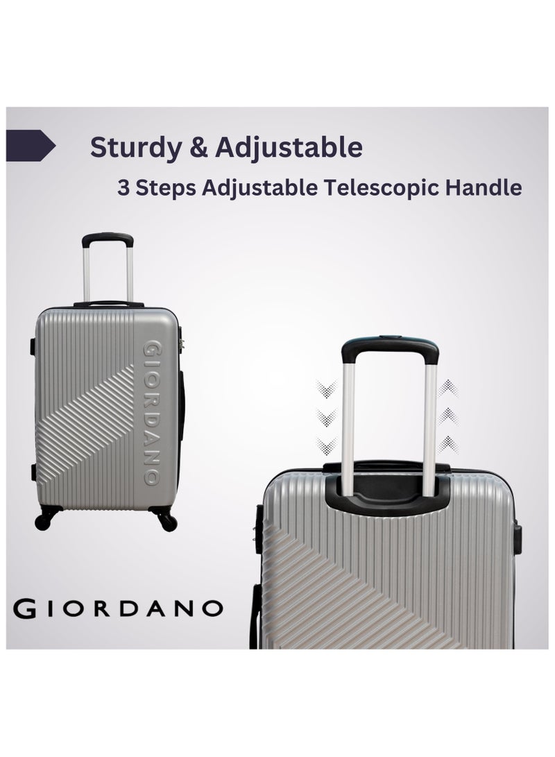 GIORDANO Logo Series Check-In Medium Suitcase Silver, ABS Hard Shell Lightweight Durable 4 Wheels Luggage Trolley Bag 24