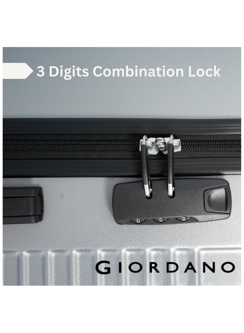 GIORDANO Logo Series Check-In Medium Suitcase Silver, ABS Hard Shell Lightweight Durable 4 Wheels Luggage Trolley Bag 24