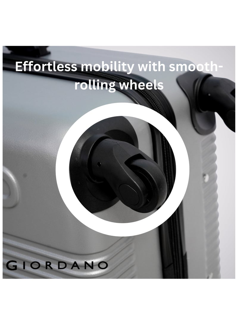 GIORDANO Logo Series Check-In Medium Suitcase Silver, ABS Hard Shell Lightweight Durable 4 Wheels Luggage Trolley Bag 24