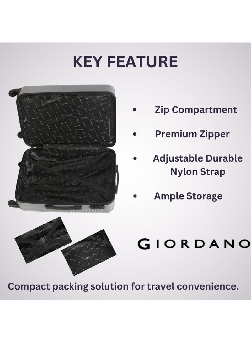 GIORDANO Logo Series Check-In Medium Suitcase Silver, ABS Hard Shell Lightweight Durable 4 Wheels Luggage Trolley Bag 24