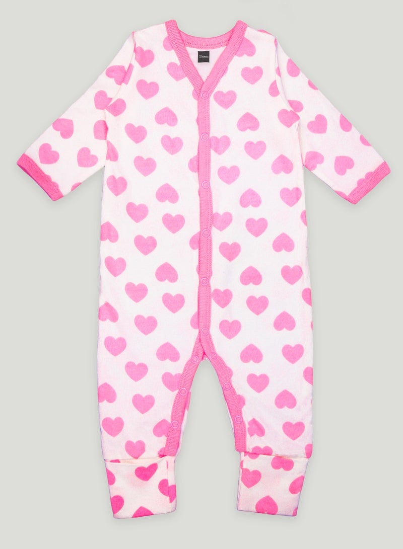 Kidbea  Organic Cotton fabric full sleeves & full buttons Romper | Heart | Pink