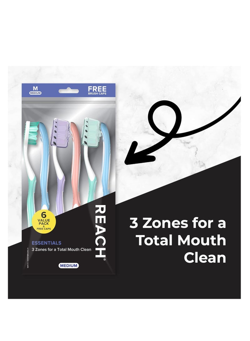 Reach Essentials Toothbrush with Toothbrush Covers, Multi-Angled Medium Bristles, Contoured Handle, Tongue Scraper, 6 Count