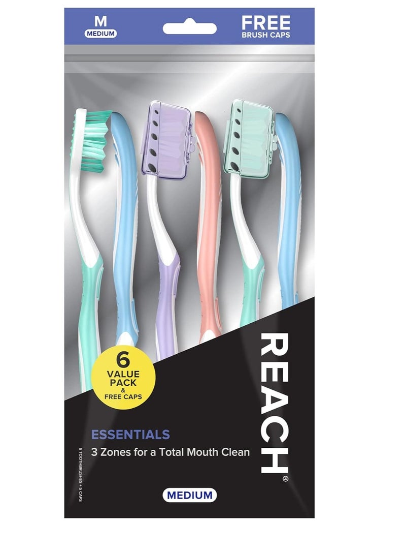 Reach Essentials Toothbrush with Toothbrush Covers, Multi-Angled Medium Bristles, Contoured Handle, Tongue Scraper, 6 Count