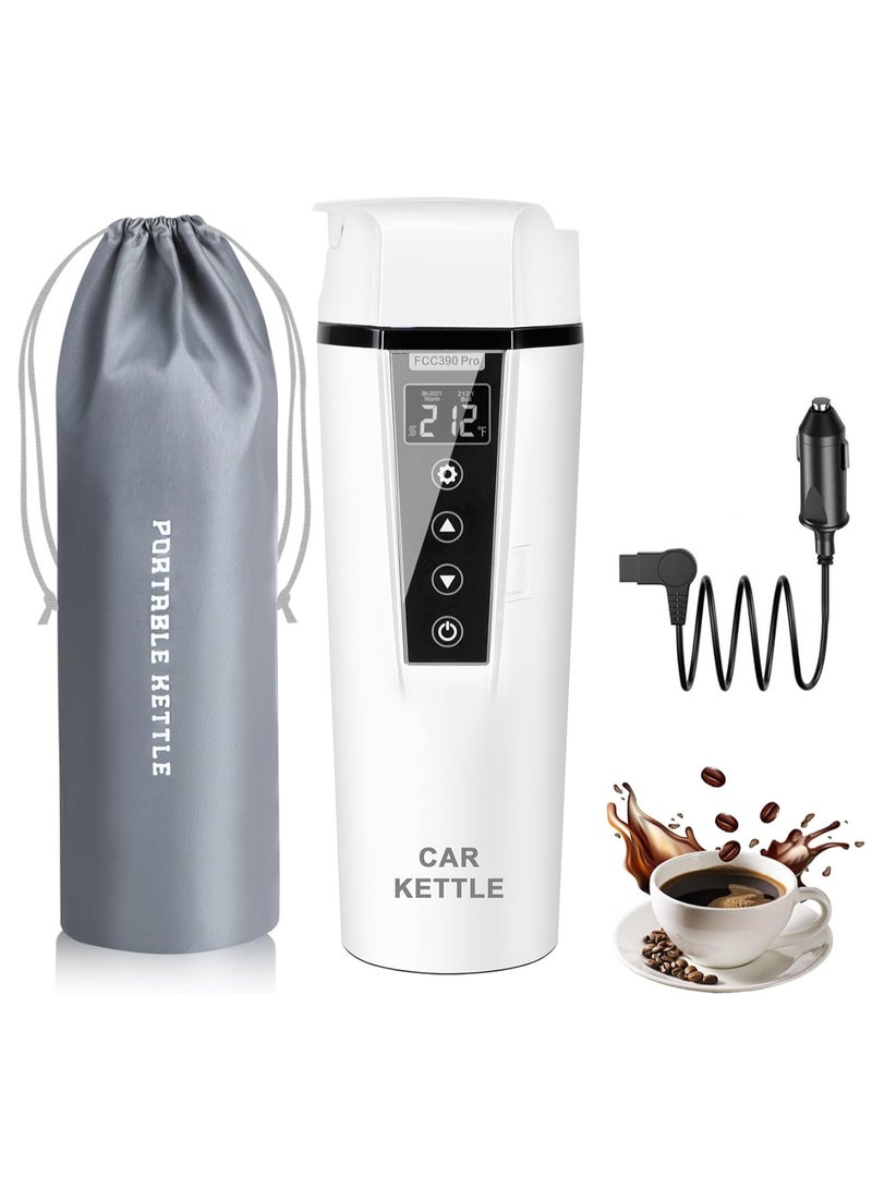 12V/24V Portable Water Boiler Heated Travel Mug, Multiple Temperature Adjustable Coffee Tea Truck Cup with 304 Stainless Steel Dry Burn Protection & Handy Cup Bag (White)