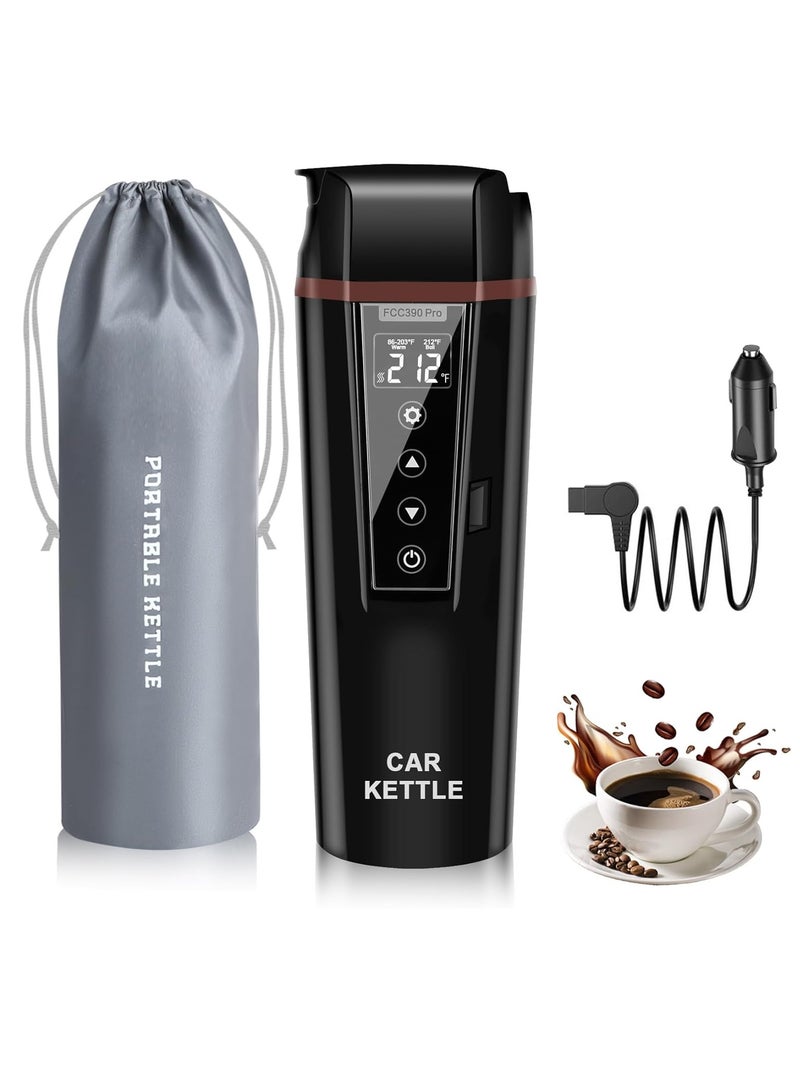 12V/24V Portable Water Boiler Heated Travel Mug, Multiple Temperature Adjustable Coffee Tea Truck Cup with 304 Stainless Steel Dry Burn Protection & Handy Cup Bag (Black)