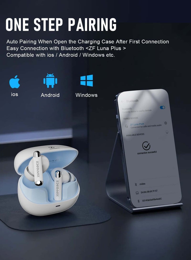 ZIPFORCE True Wireless Earbuds, Fully In-Ear Bluetooth 5.3 Headphones 4-Mics ANC + ENC Clear Call, Bluetooth Earbuds Touch Control 40 Playtime, IPX6 Waterproof TWS, Light-Weight Earphones