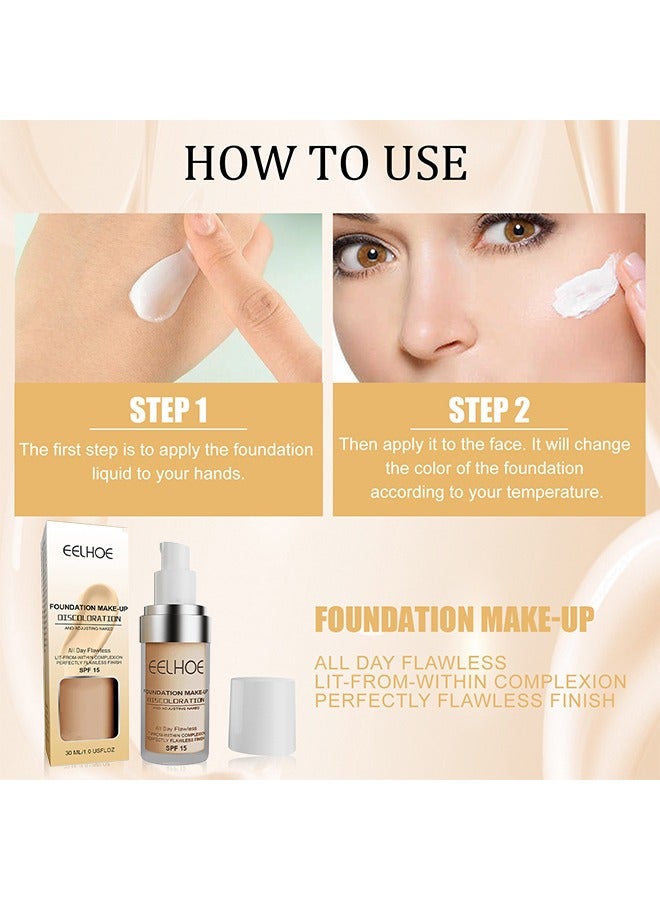 Foundation Make Up SPF 15,Colour Changing Foundation for Different Skin Tone, Foundation Makeup Base Nude Face Liquid Full Coverage Concealer 30ml