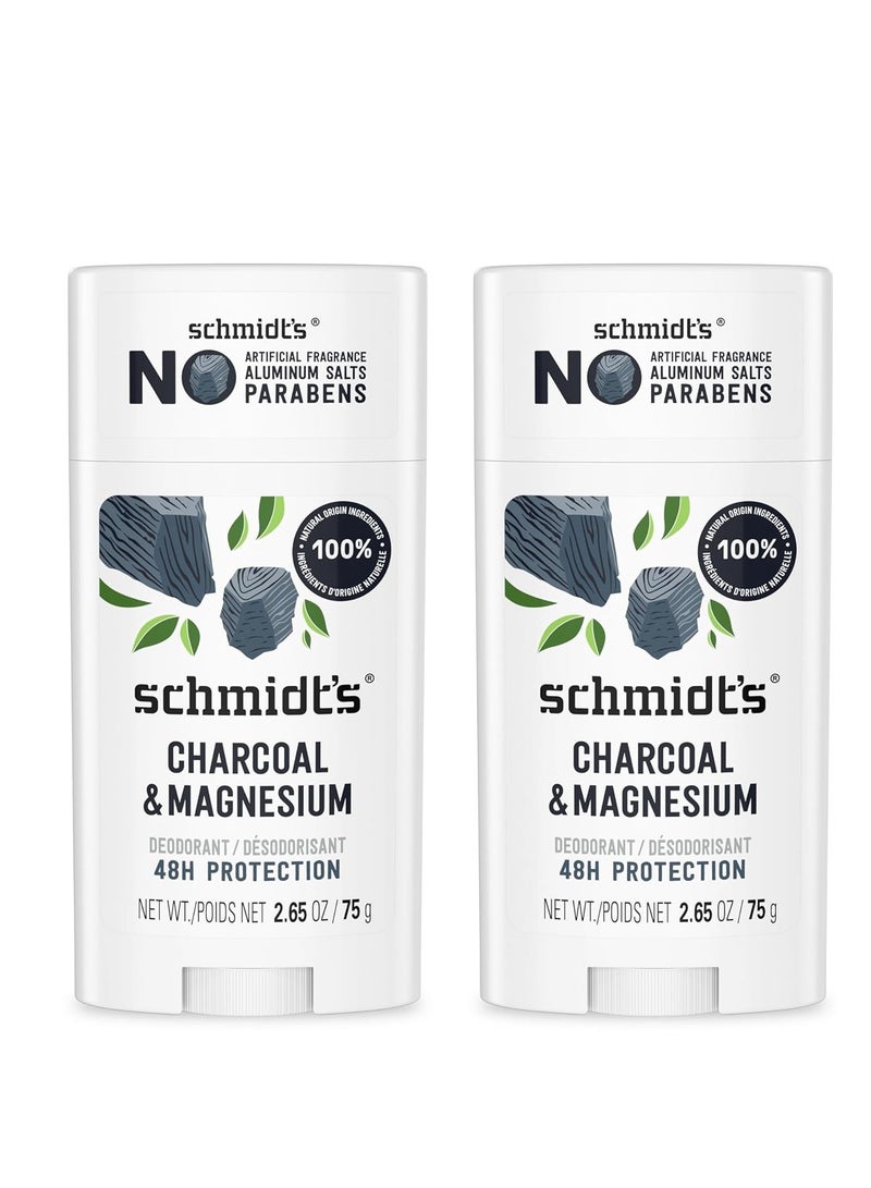 Schmidt's Aluminum-Free Vegan Deodorant Charcoal & Magnesium with 48 Hour Odor Protection, 2 Count for Women and Men, Natural Ingredients, Cruelty-Free, 2.65 oz, Pack of 2