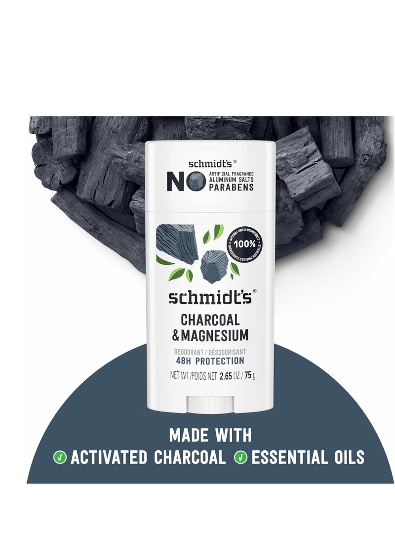 Schmidt's Aluminum-Free Vegan Deodorant Charcoal & Magnesium with 48 Hour Odor Protection, 2 Count for Women and Men, Natural Ingredients, Cruelty-Free, 2.65 oz, Pack of 2