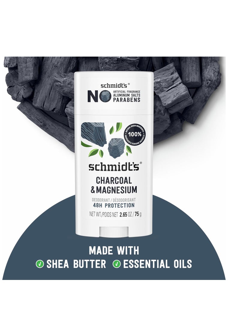 Schmidt's Aluminum-Free Vegan Deodorant Charcoal & Magnesium with 48 Hour Odor Protection, 2 Count for Women and Men, Natural Ingredients, Cruelty-Free, 2.65 oz, Pack of 2