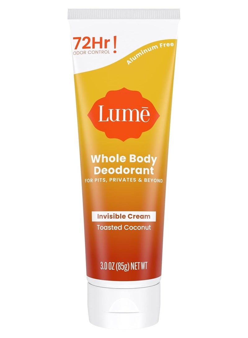 Lume Whole Body Deodorant - Invisible Cream Tube - 72 Hour Odor Control - Aluminum Free, Baking Soda Free, Skin Safe - 3.0 ounce (Toasted Coconut)