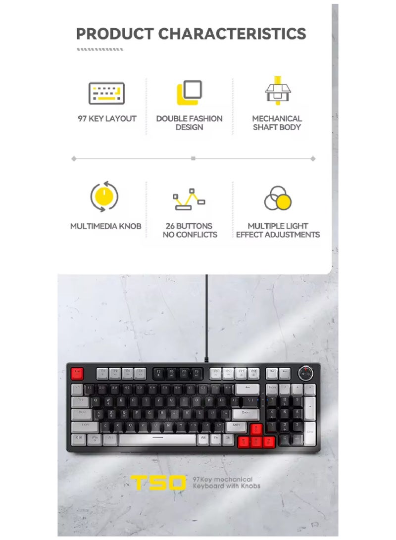80% Mechanical Gaming Keyboard LED Backlit Compact 97 Keys Wired Mechanical Keyboard With Volume Control Knob  Switch Keyboard for Gaming or Office