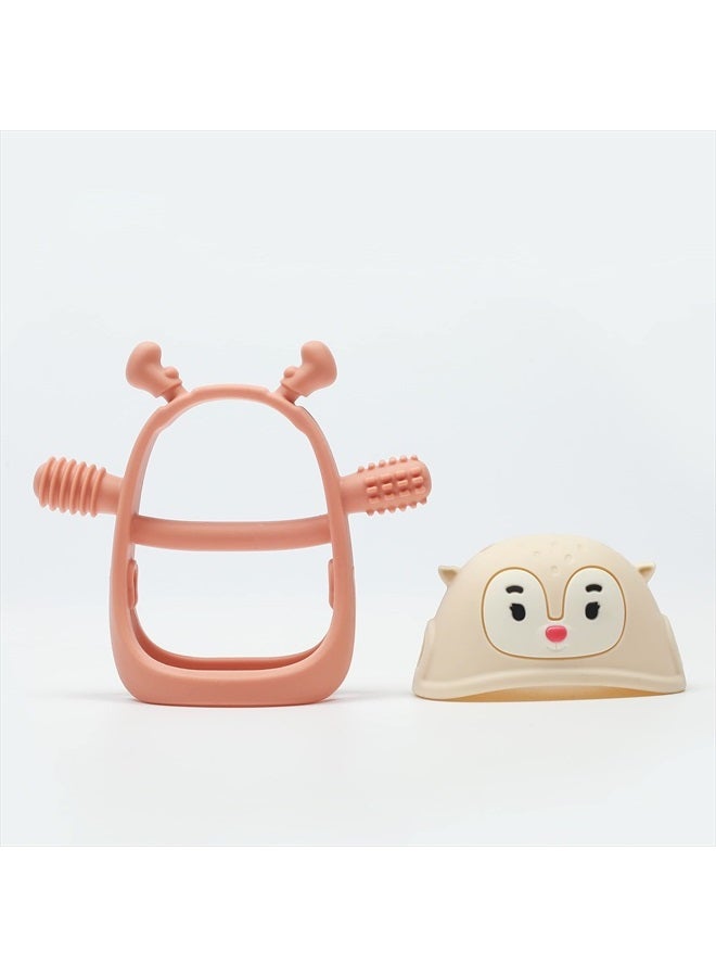 Teething Toys/Teethers for Babies 6-12 Months, Reindeer Baby Chew Toy 3-6 Months for Teething Relief, Get-A-Grip Baby Hand Teether, Silicone Teething Mittens for 0-6Months, Nude