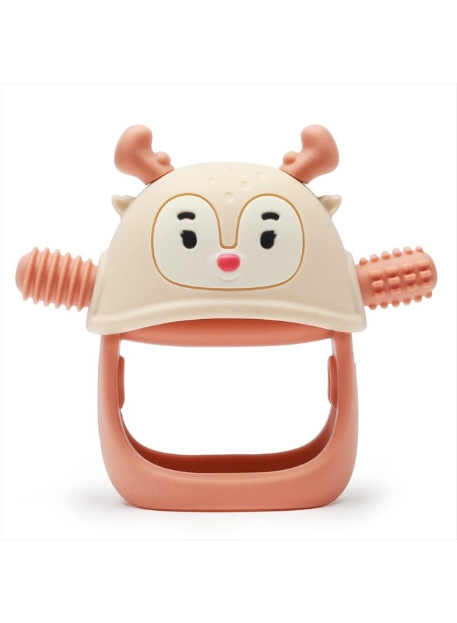 Teething Toys/Teethers for Babies 6-12 Months, Reindeer Baby Chew Toy 3-6 Months for Teething Relief, Get-A-Grip Baby Hand Teether, Silicone Teething Mittens for 0-6Months, Nude