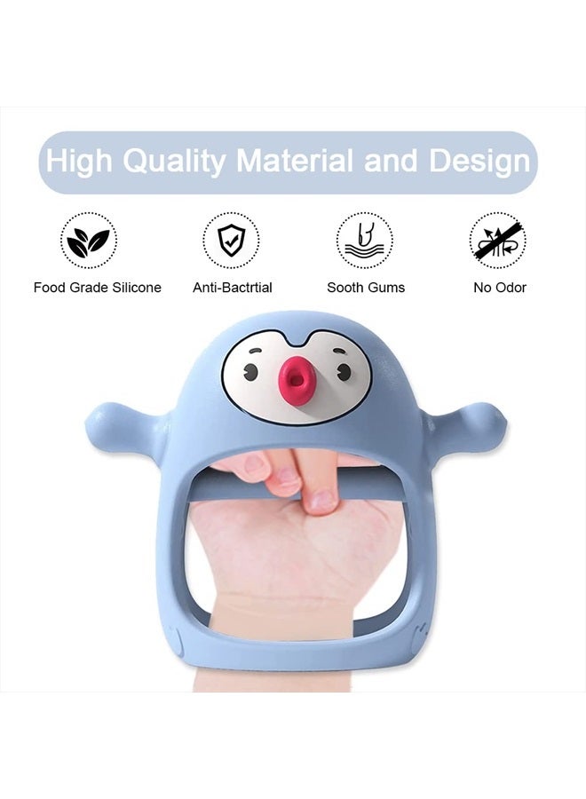 Penguin Buddy Never Drop Silicone Baby Teething Toy for 0-6month Infants, Baby Chew Toys for Sucking Needs, Hand Pacifier for Breast Feeding Babies, Car Seat Toy for New Born,Light Blue